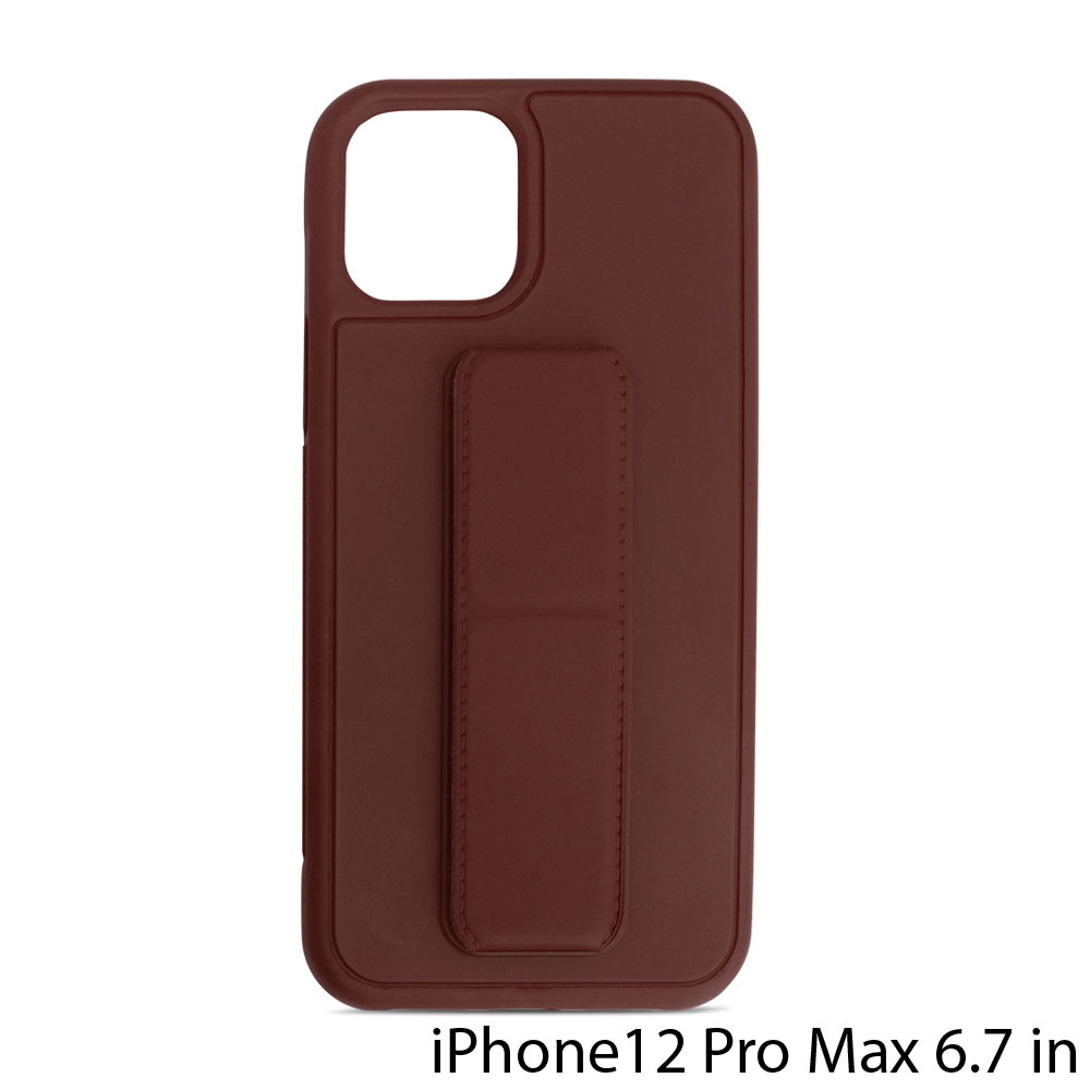 PU Leather Hand Grip Kickstand Case with Metal Plate for iPHONE 12 Pro Max 6.7 inch (Brown)